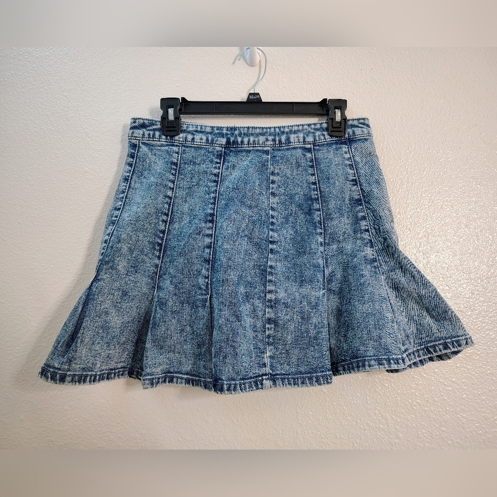 No Boundaries Classic Blue Denim Pleated A-line Mini Skirt Zip Back Sz Small